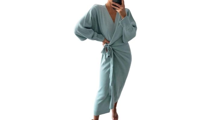 Knit Sweater Dress Casual Solid Long Sleeve Wrap Maxi Dresses