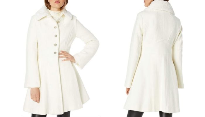 GUESS women Removable Faux Fur Collar Boiled Wool Coat