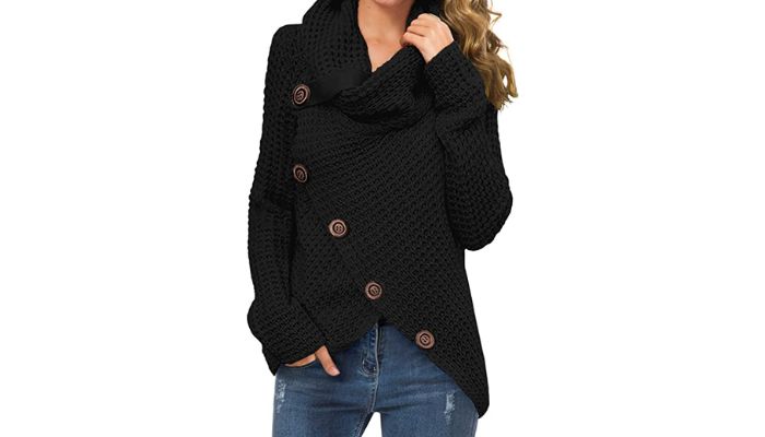 Grecerelle Cowl Neck Asymmetric Hem Knit Sweater