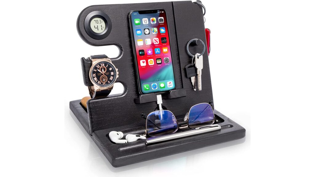 Wood Phone Docking Station With Thermometer And Hygrometer By TESLYAR S