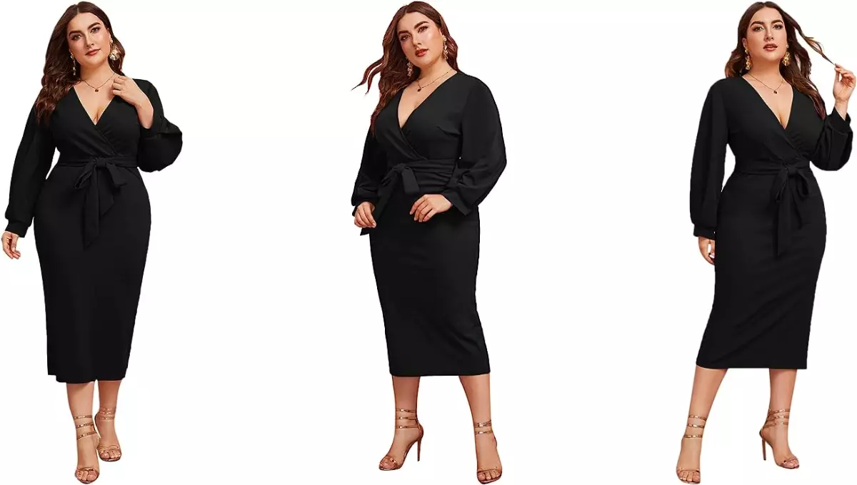 Verdusa Women's Plus Size V Neck Lantern Sleeve Midi Belted Bodycon Dress