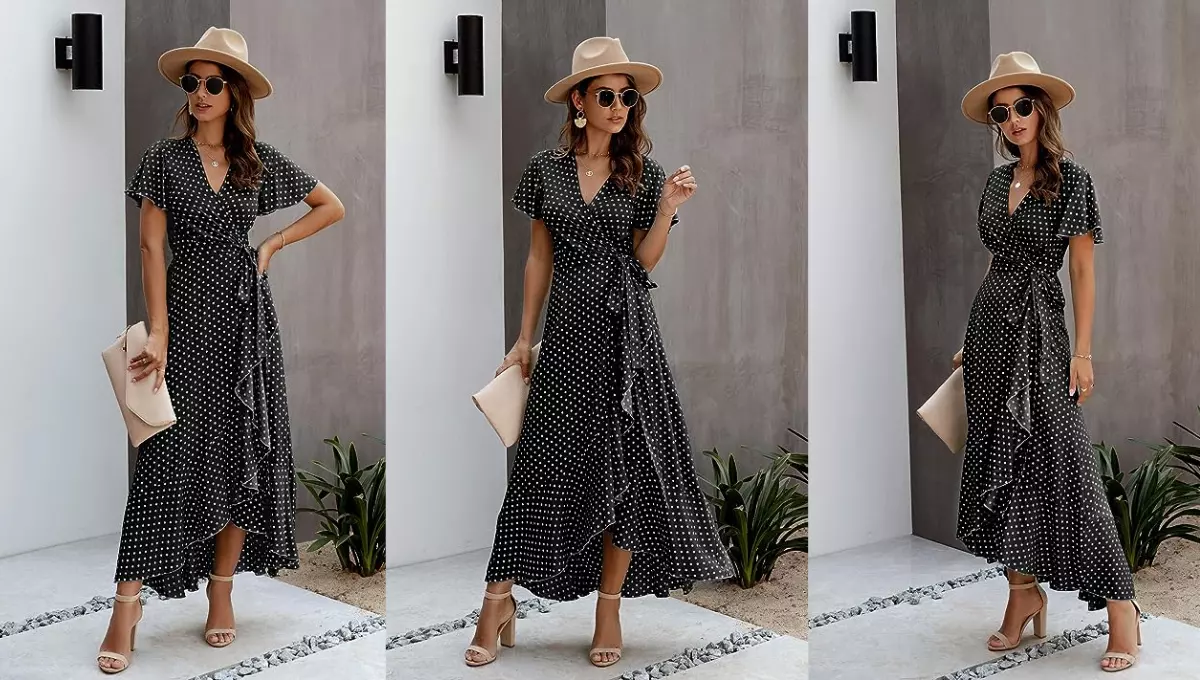 ECOWISH Womens Fall Dresses Bohemian Wrap V Neck Floral Beach Maxi Dress