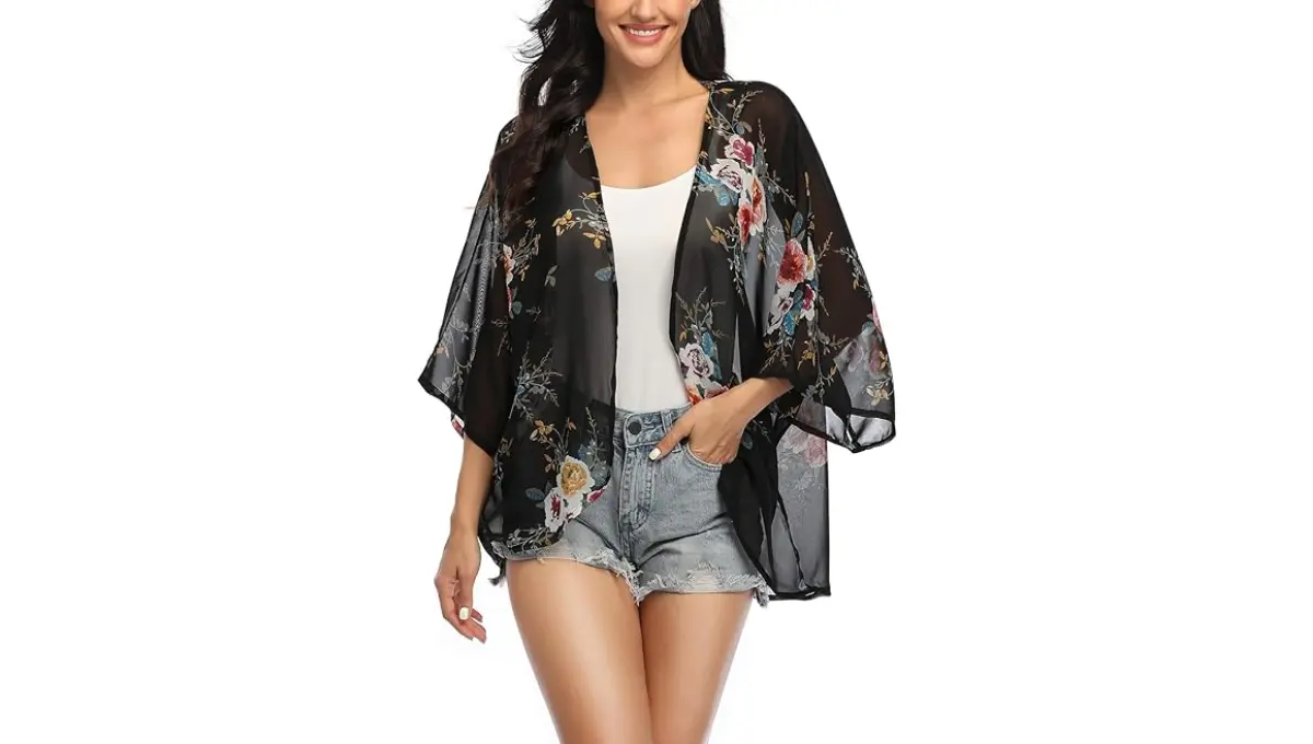 Sleeve Floral Kimono, Chiffon Beach Cover-Up By YnimioAOX