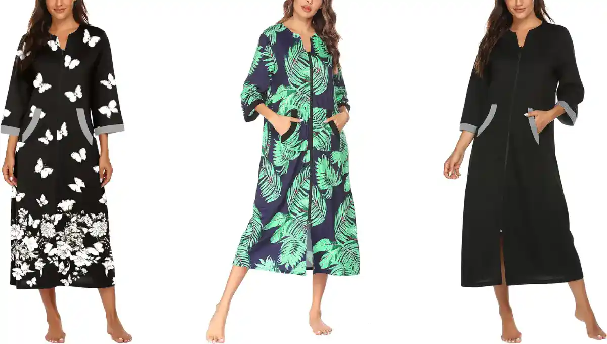 Ekouaer Women Zip Robe 3/4 Sleeves Pockets Long Bathrobe