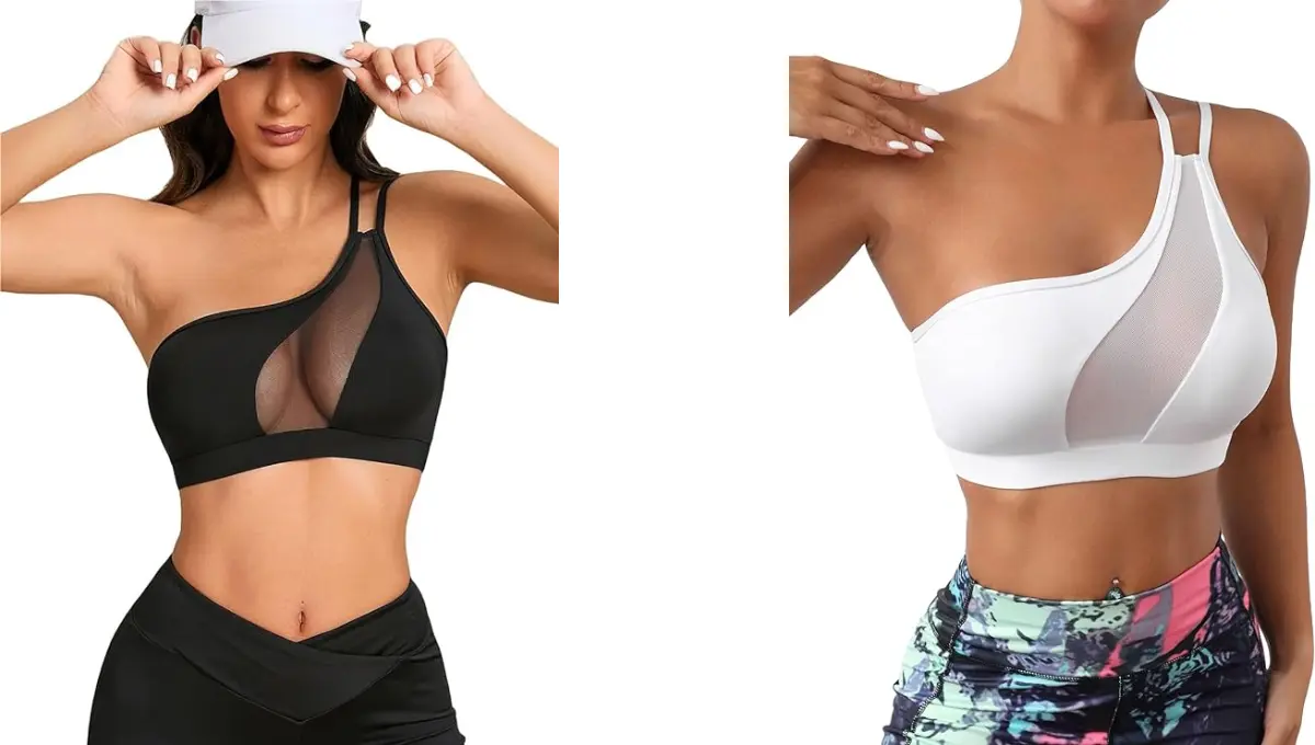 COZYEASE Women's One-Shoulder Sports Bra Contrast Mesh