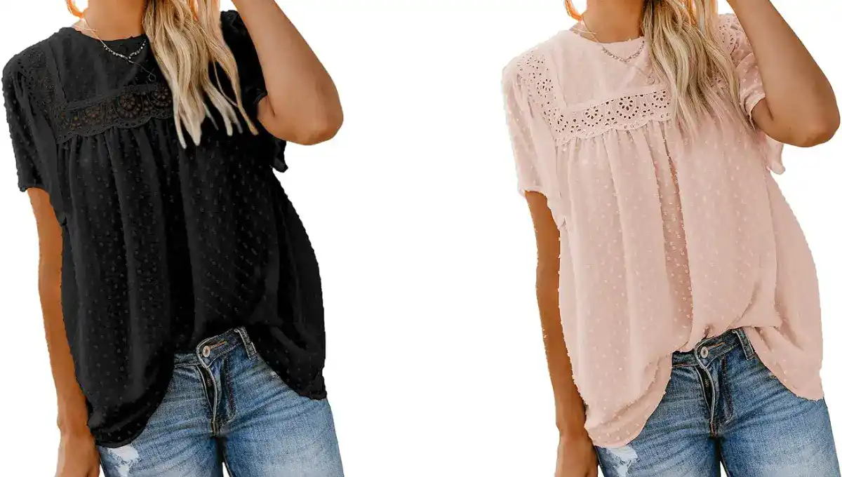 Dokotoo Women's Crewneck Lace Crochet Pom Pom Flowy Blouse
