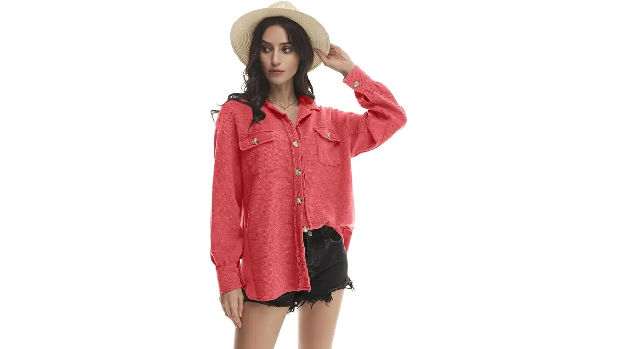Yanekop Women's Waffle Knit Boyfriend Shirt Jacket