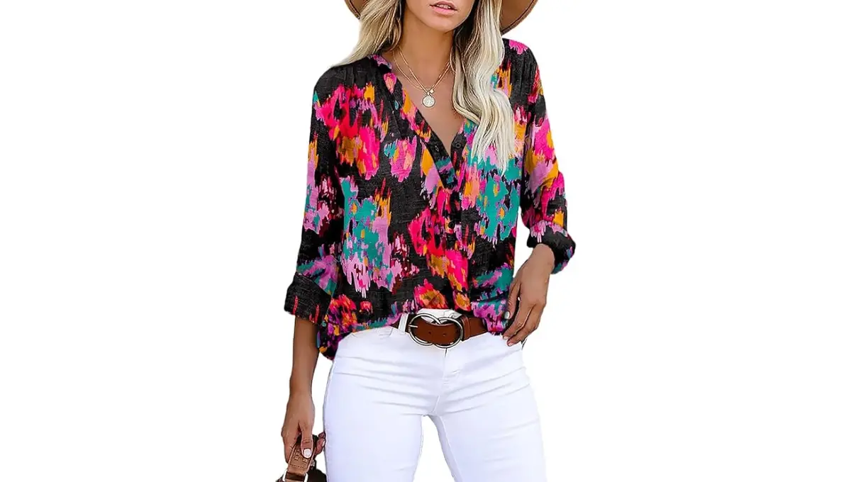 Astylish Women's V-Neck Striped Button-Down Blouse