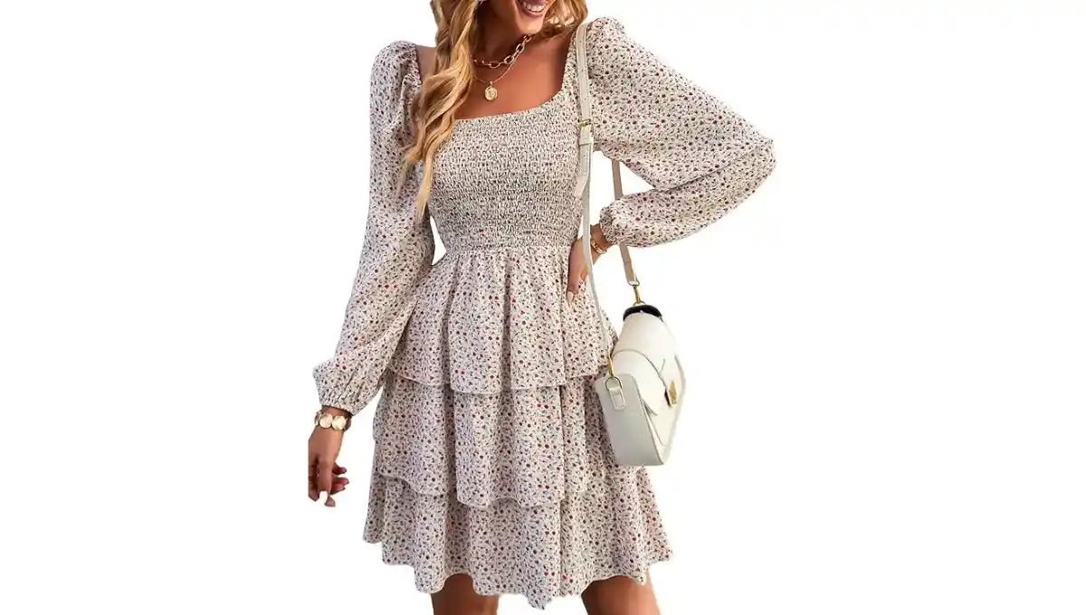 BTFBM Women's Square Neck Smocked long sleeves Dress