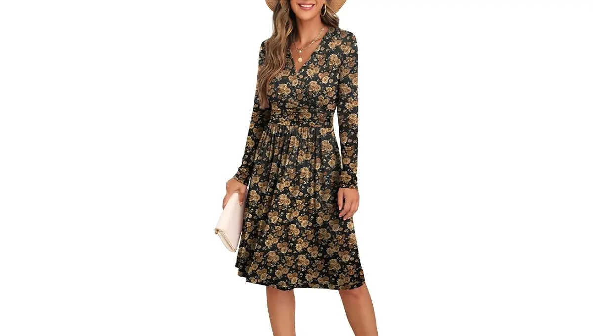 GRECERELLE Women's Casual Ruffle Long Sleeve Wrap V-Neck Dress