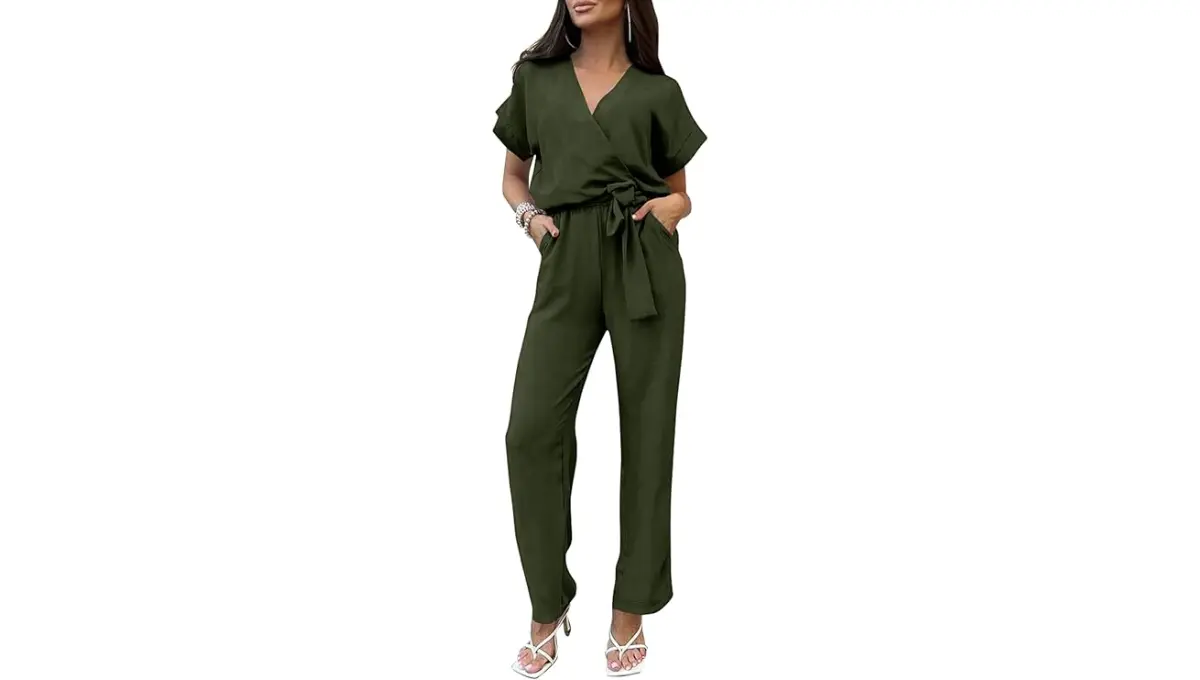 PRETTYGARDEN Women’s Short Sleeve Wrap V Neck Belted Jumpsuit