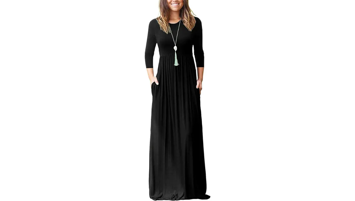 WNEEDU Women's Long Sleeve Casual Loose Long Maxi Dress with Pockets
