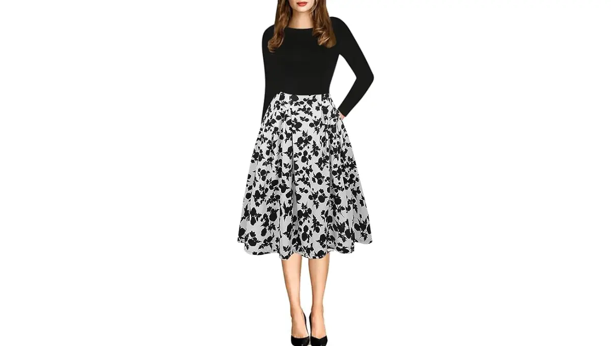 oxiuly Women's Vintage Patchwork Pockets Puffy Swing Casual Party Dress