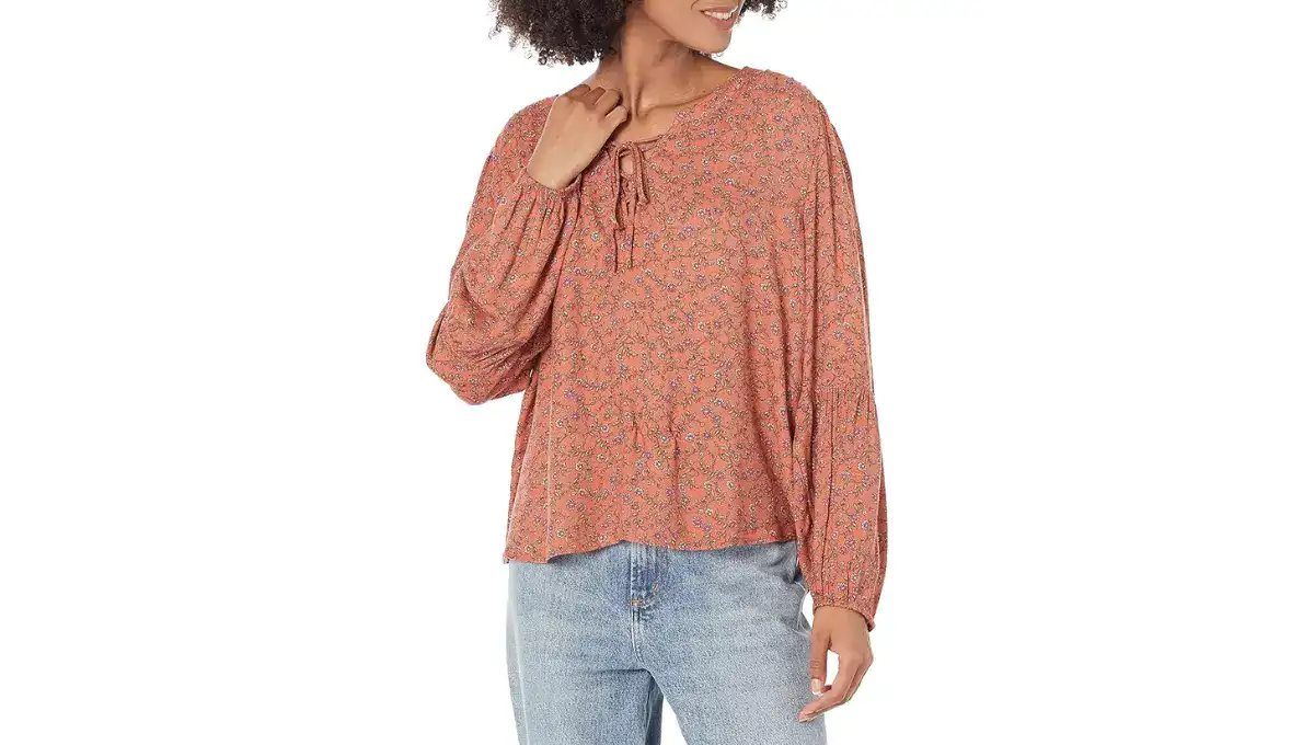 Lucky Brand Women's Long Sleeve Printed Lace-Up Blouse