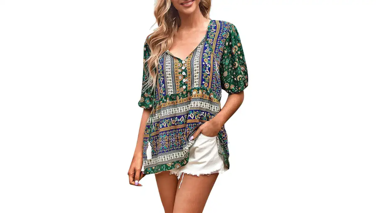 Women’s Boho Floral Print Lace-Up V-Neck Summer Blouse