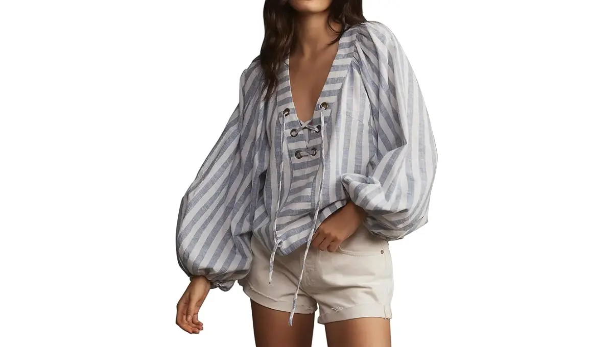 Women’s Puff Long Sleeve Striped Blouse with Lace-Up V-Neck