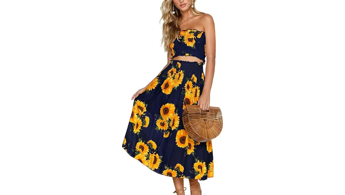 Angashion Women's Floral Crop Top & Maxi Skirt Set Angashion Women's Floral Crop Top & Maxi Skirt Set