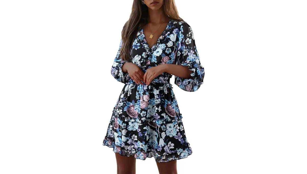 Dokotoo Womens Summer V Neck Ruffle Floral Mini Dress Dokotoo Womens Summer V Neck Ruffle Floral Mini Dress