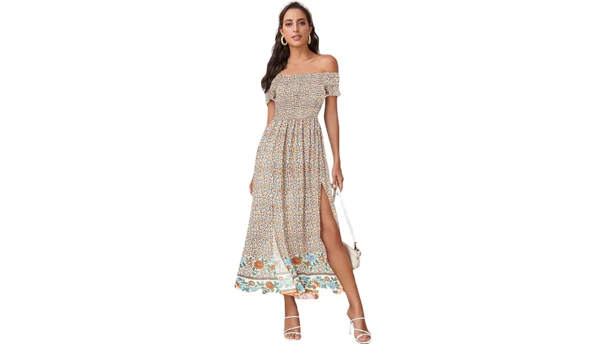 Floerns Women's Boho Floral Print Off Shoulder Split Long A Line Dress Floerns Women's Boho Floral Print Off Shoulder Split Long A Line Dress