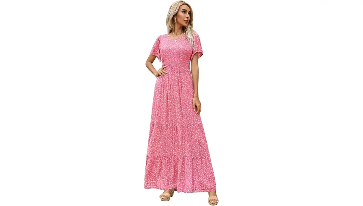 Kranda Women Smocked Ruffle Tiered Floral Maxi Dress Dress