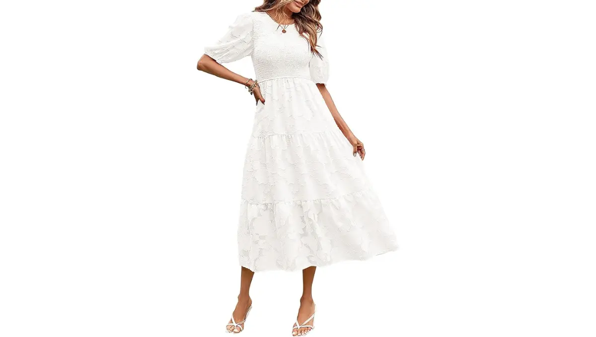 MEROKEETY Women's 2024 Summer Puff Sleeve Smocked Floral Dress