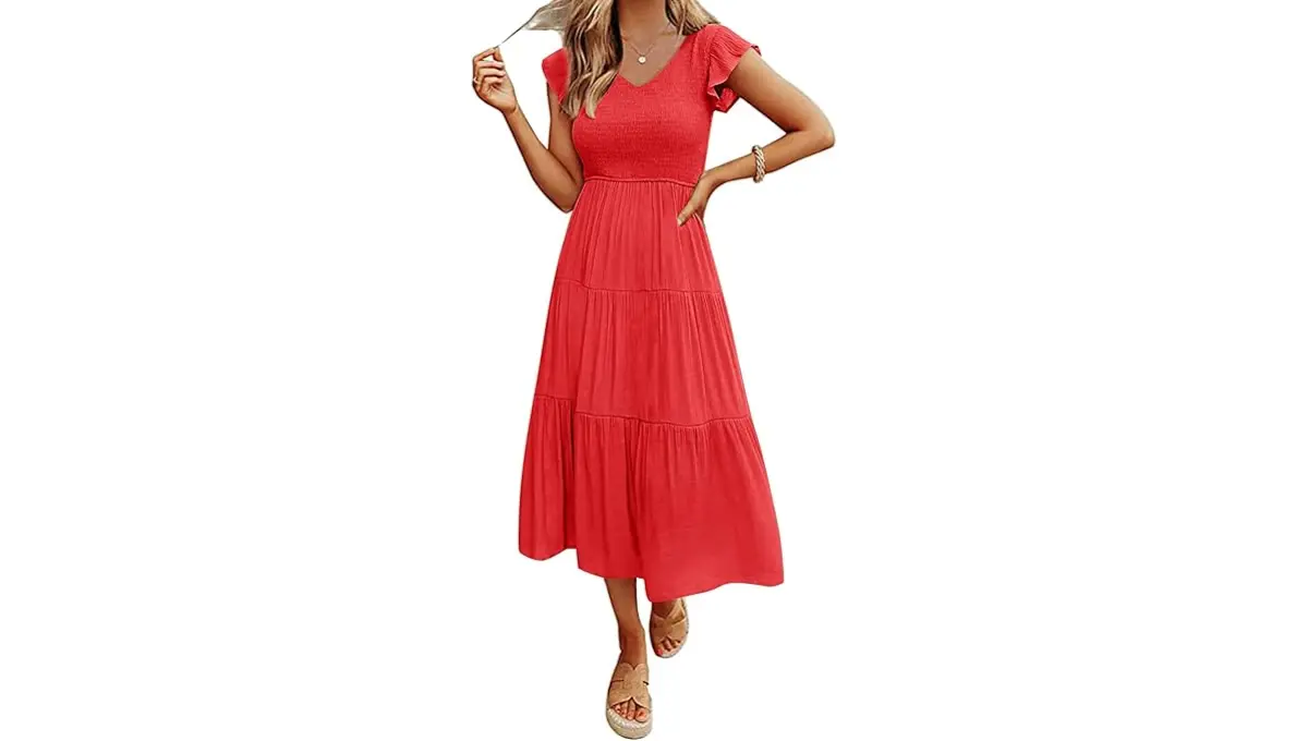 MEROKEETY Women's Flutter Sleeve Smocked Midi Dress