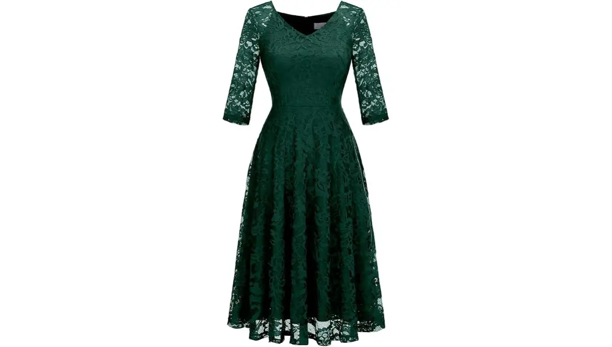 Dressystar Womens Long-Sleeve A-Line Lace Homecoming Bridesmaid Midi Dress