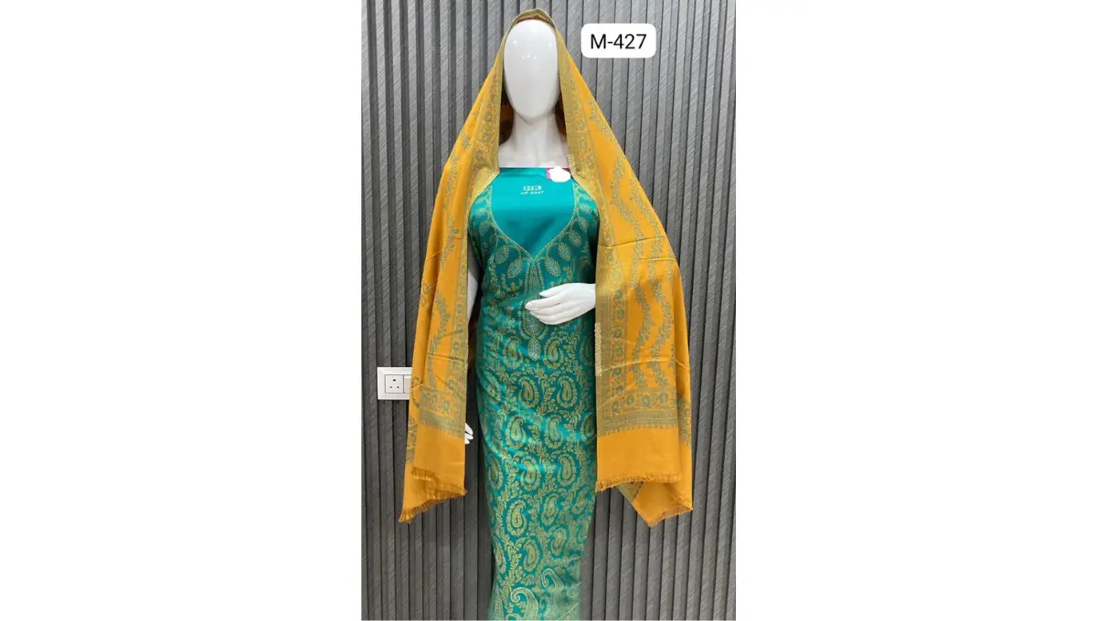 Elegant Teal Green Woolen Pashmina Jacquard Suit Set