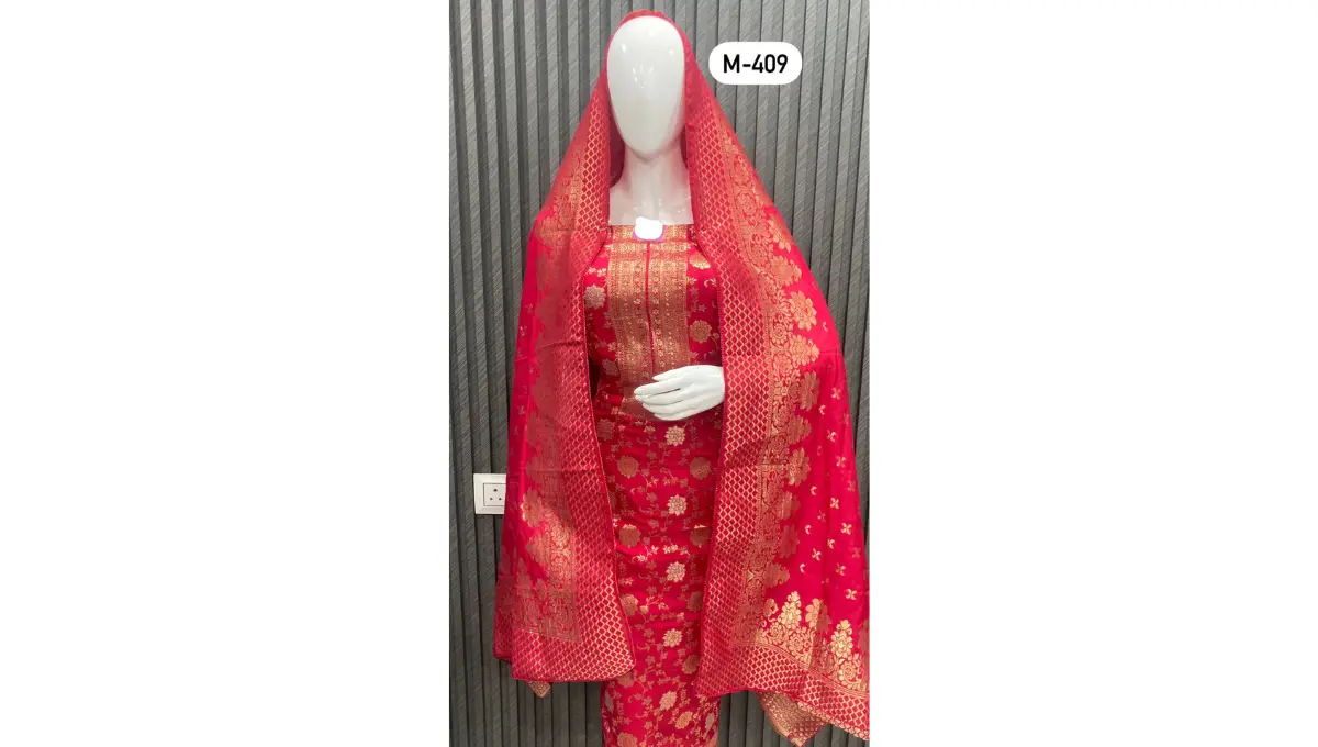 Pinkish Red Banarsi Silk Suit Set