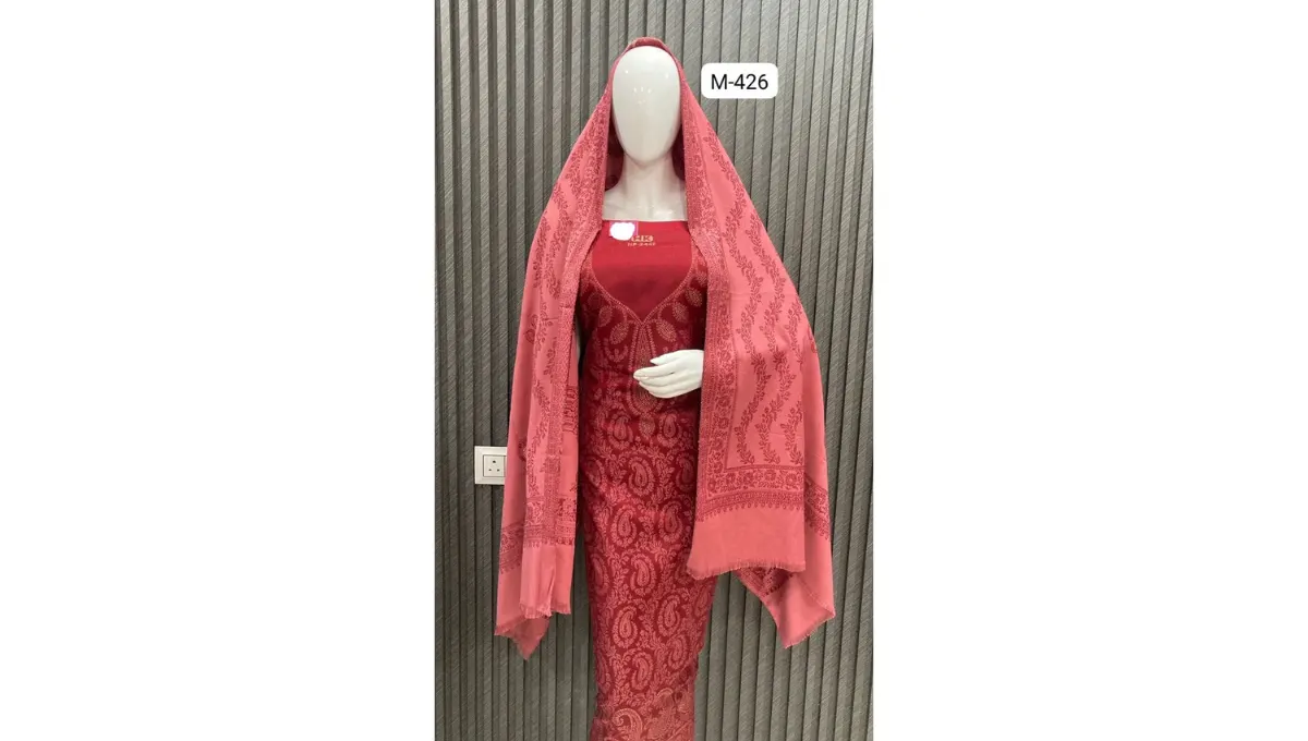 Red Woolen Pashmina Jacquard Suit Set