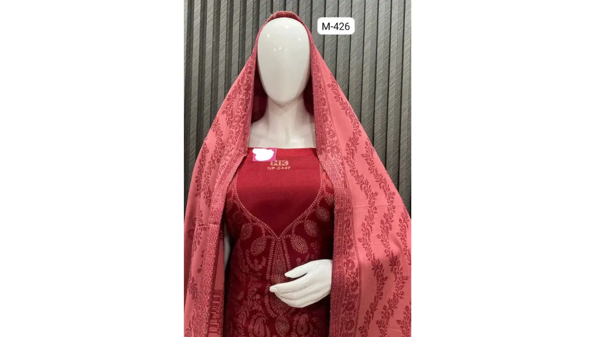 Red Woolen Pashmina Jacquard Suit Set