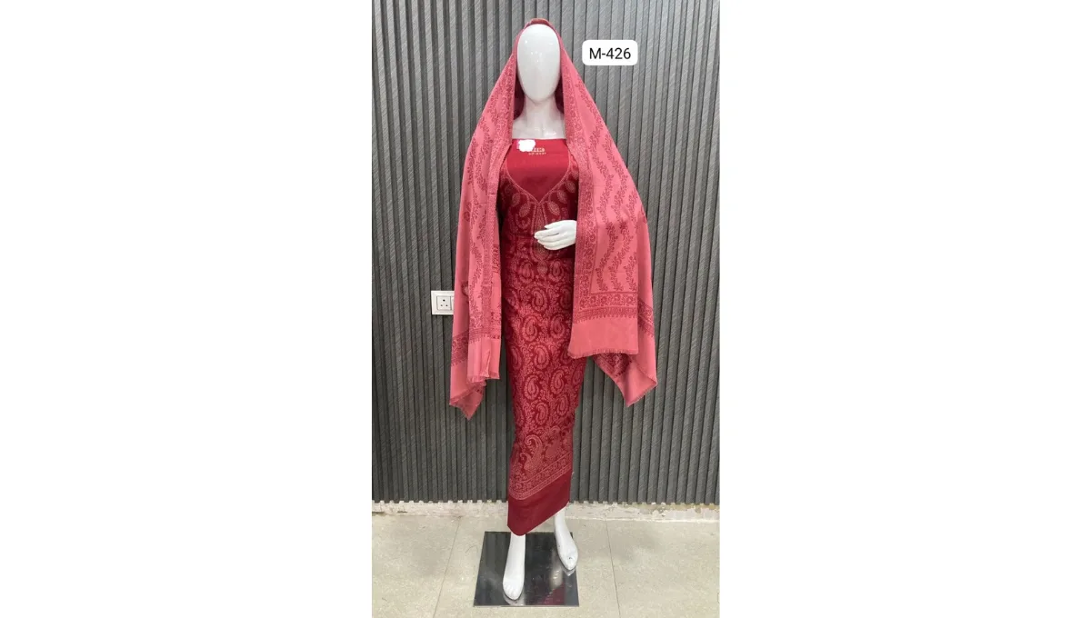 Red Woolen Pashmina Jacquard Suit Set