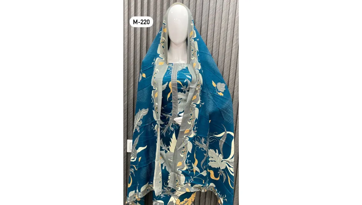Teal Blue Woolen Digital Printed Suit Set