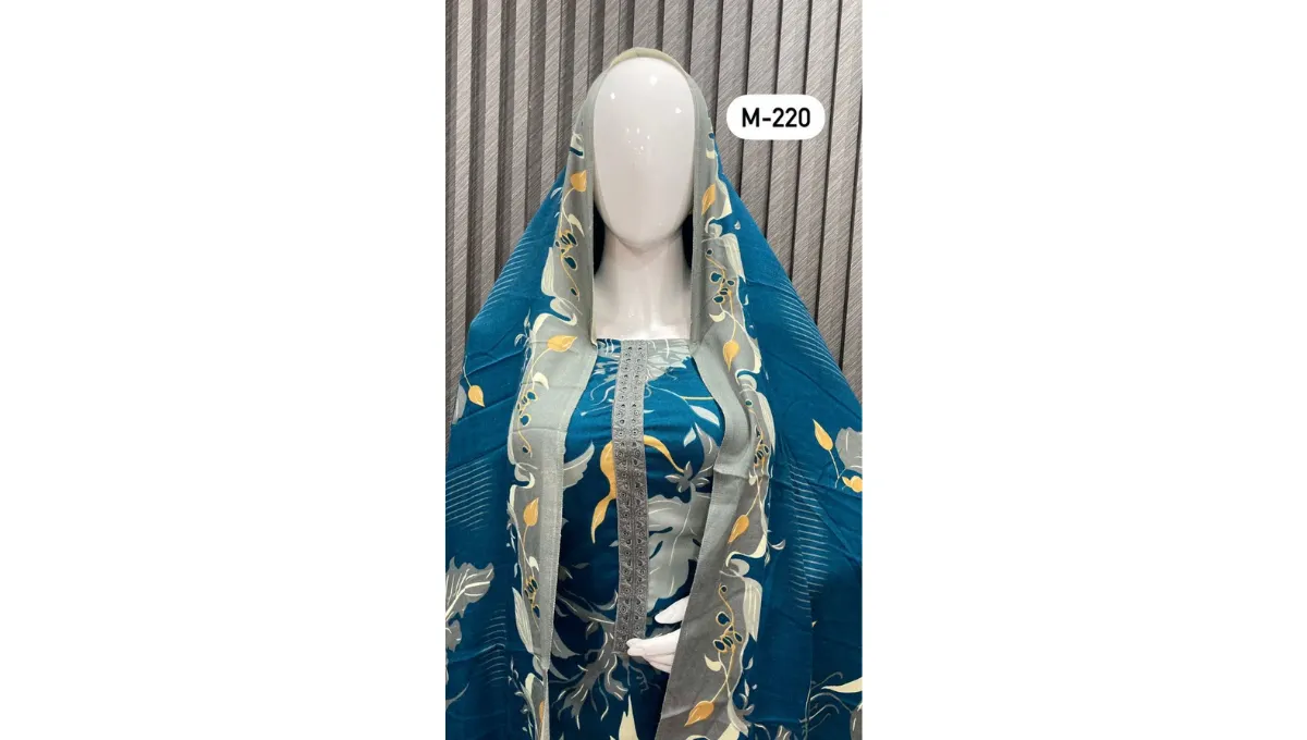 Teal Blue Woolen Digital Printed Suit Set