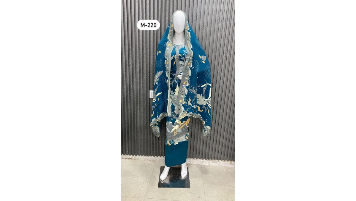 Teal Blue Woolen Digital Printed Suit Set