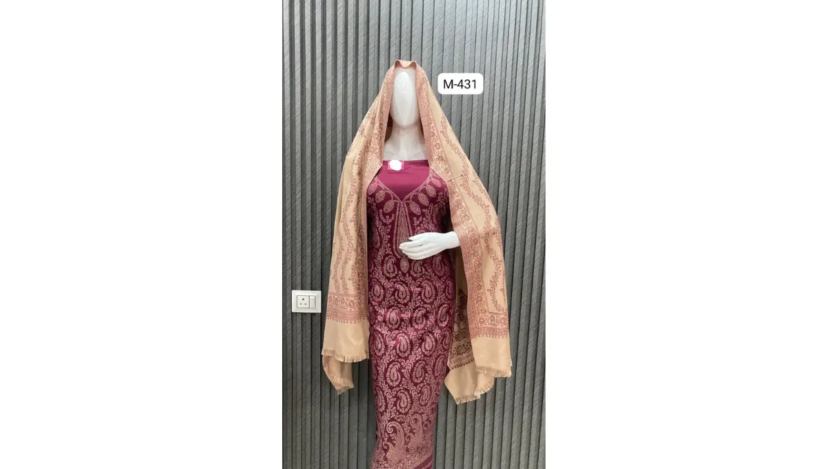 Wine Color Woolen Pashmina Jacquard Suit Set