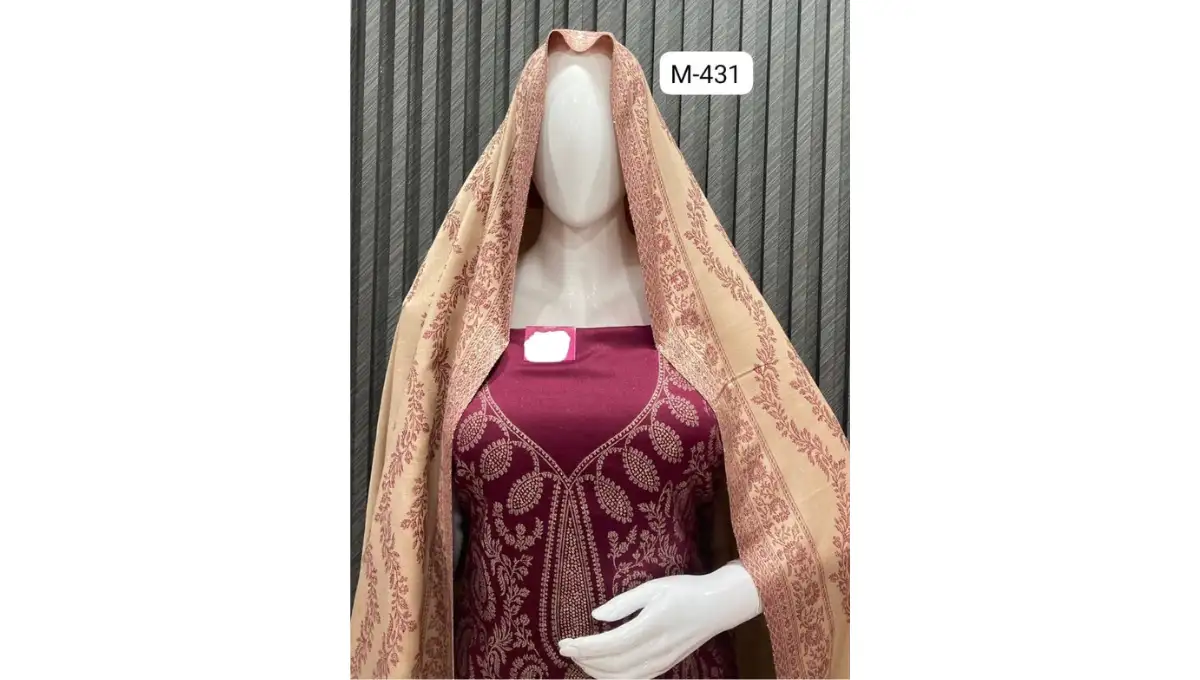 Wine Color Woolen Pashmina Jacquard Suit Set