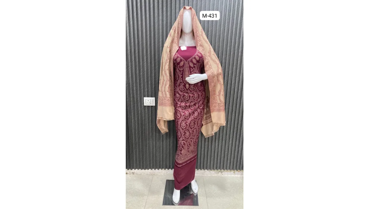 Wine Color Woolen Pashmina Jacquard Suit Set