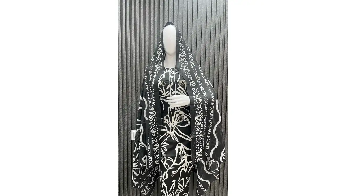 Black Pure Cambric Cotton Printed Suit