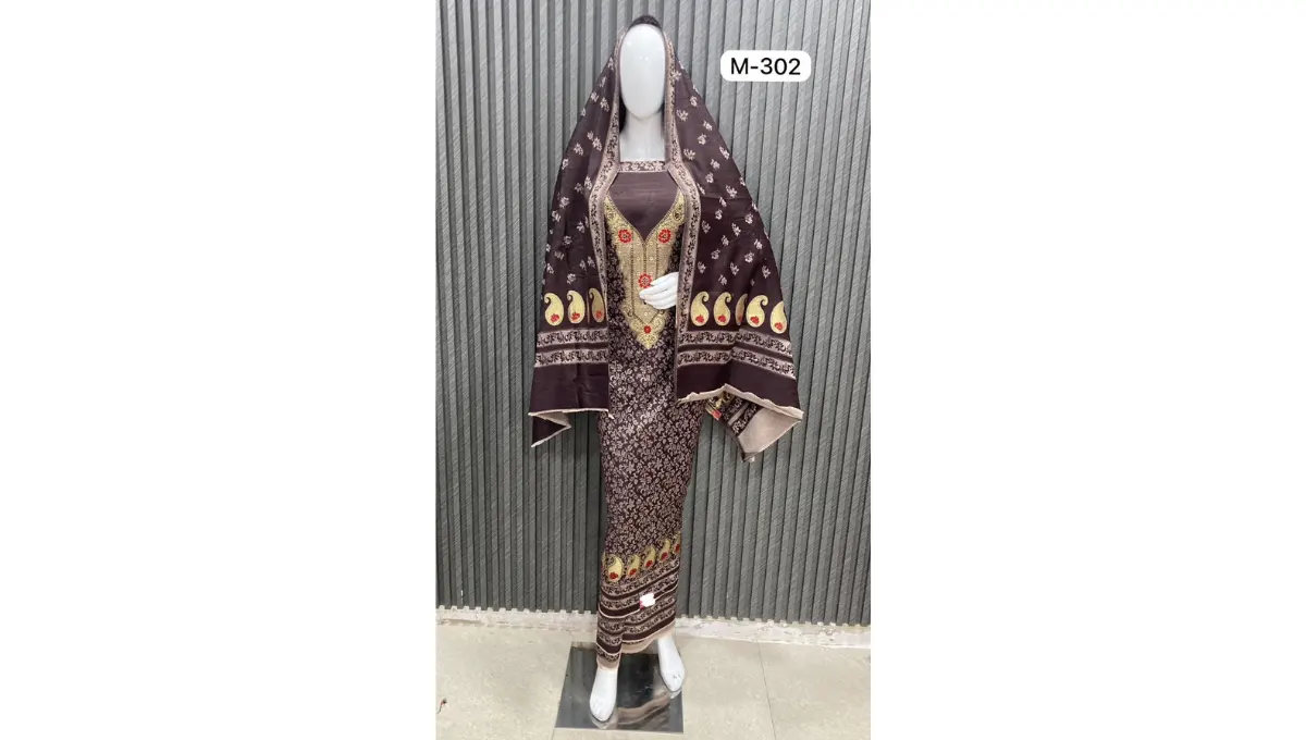 Brown Woolen Pashmina Jacquard Suit Set