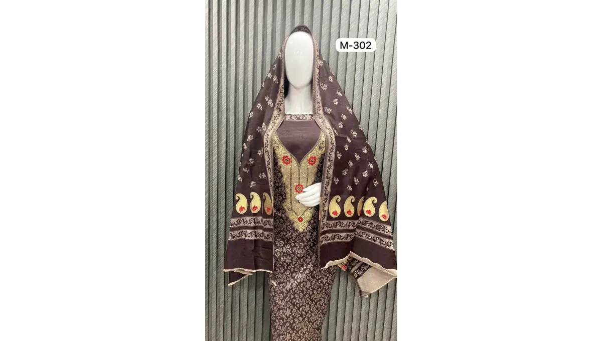 Brown Woolen Pashmina Jacquard Suit