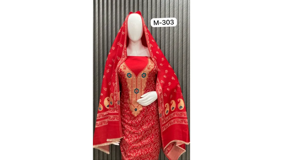Lava Red Woolen Pashmina Jacquard Suit Set