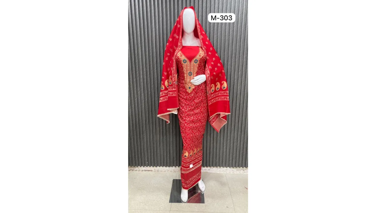 Lava Red Woolen Pashmina Jacquard Suit Set