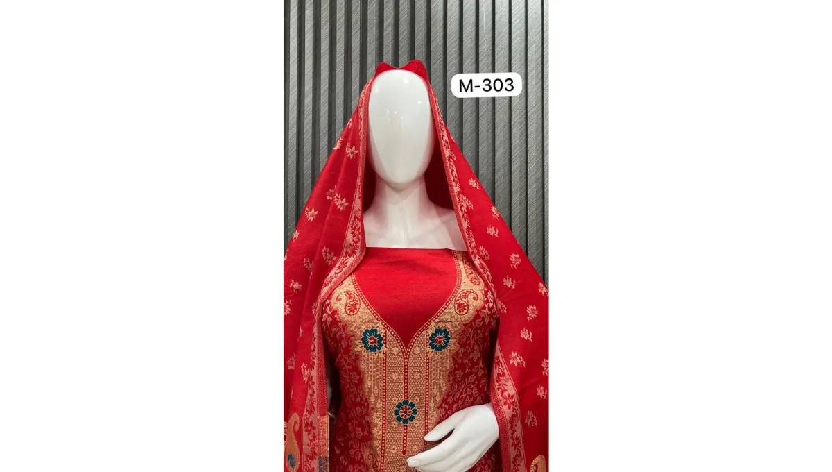Lava Red Woolen Pashmina Jacquard Suit