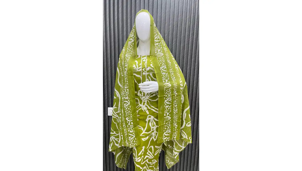 Olive Green Pure Cambric Cotton Printed Suit Set