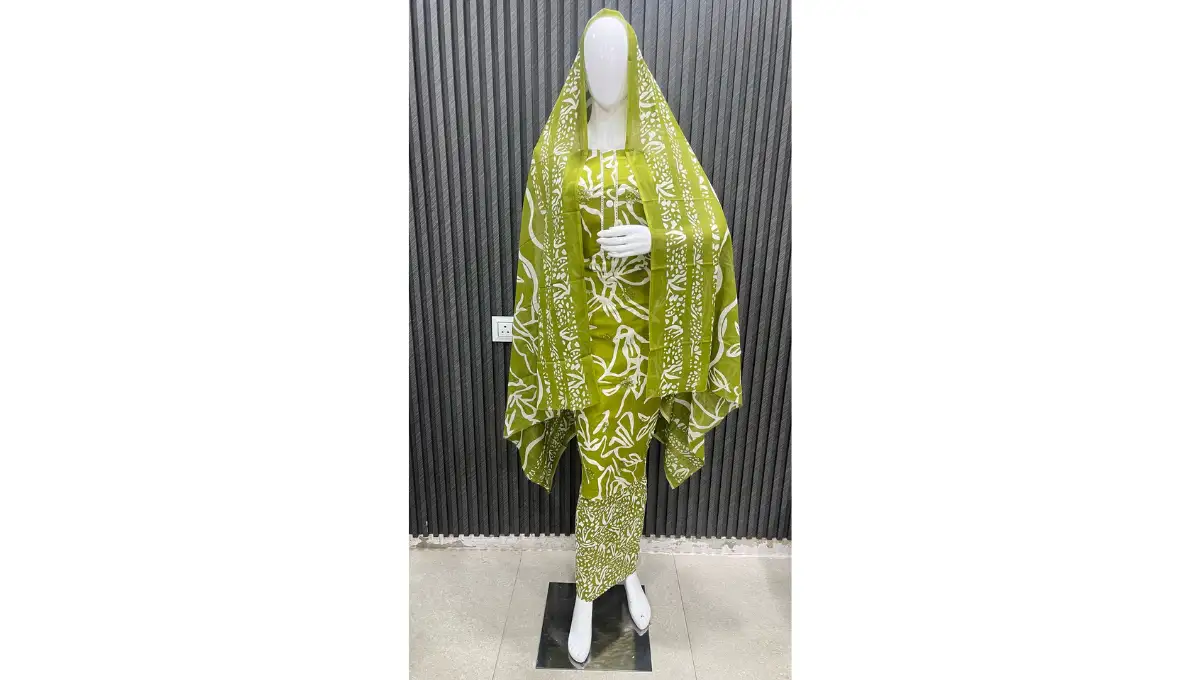 Olive Green Pure Cambric Cotton Printed Suit