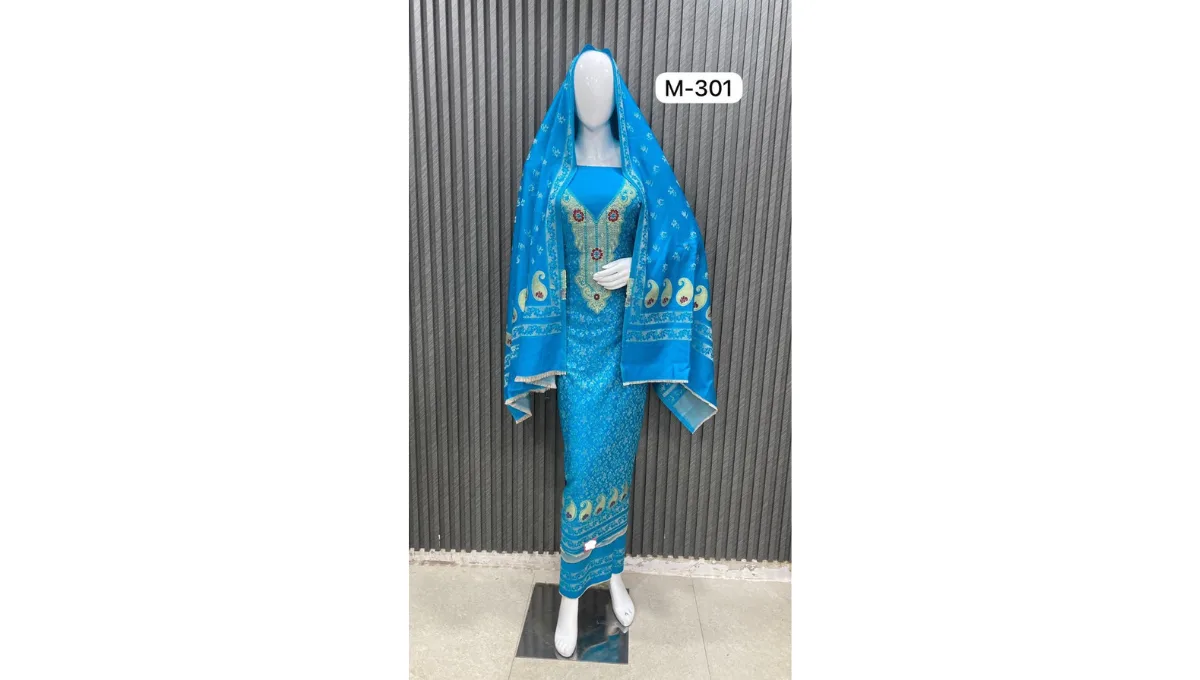 Sky Blue Woolen Pashmina Jacquard Suit Set
