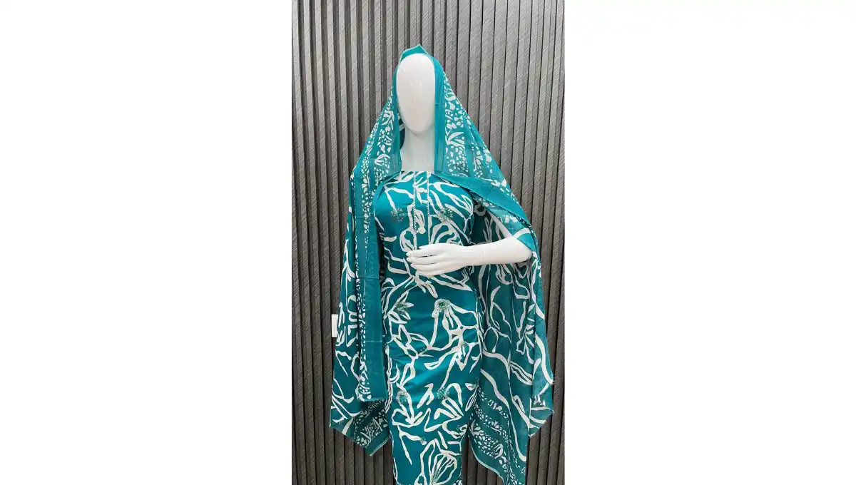 Teal Blue Pure Cambric Cotton Printed Suit Set