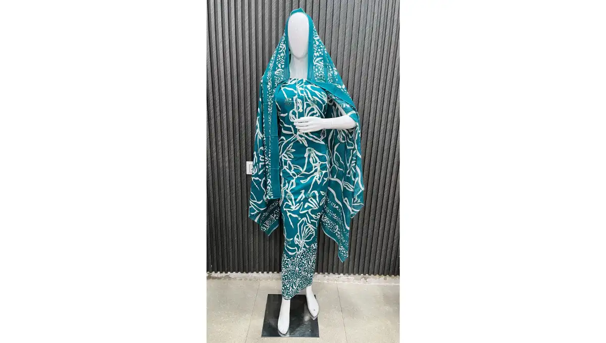 Teal Blue Pure Cambric Cotton Printed Suit Set
