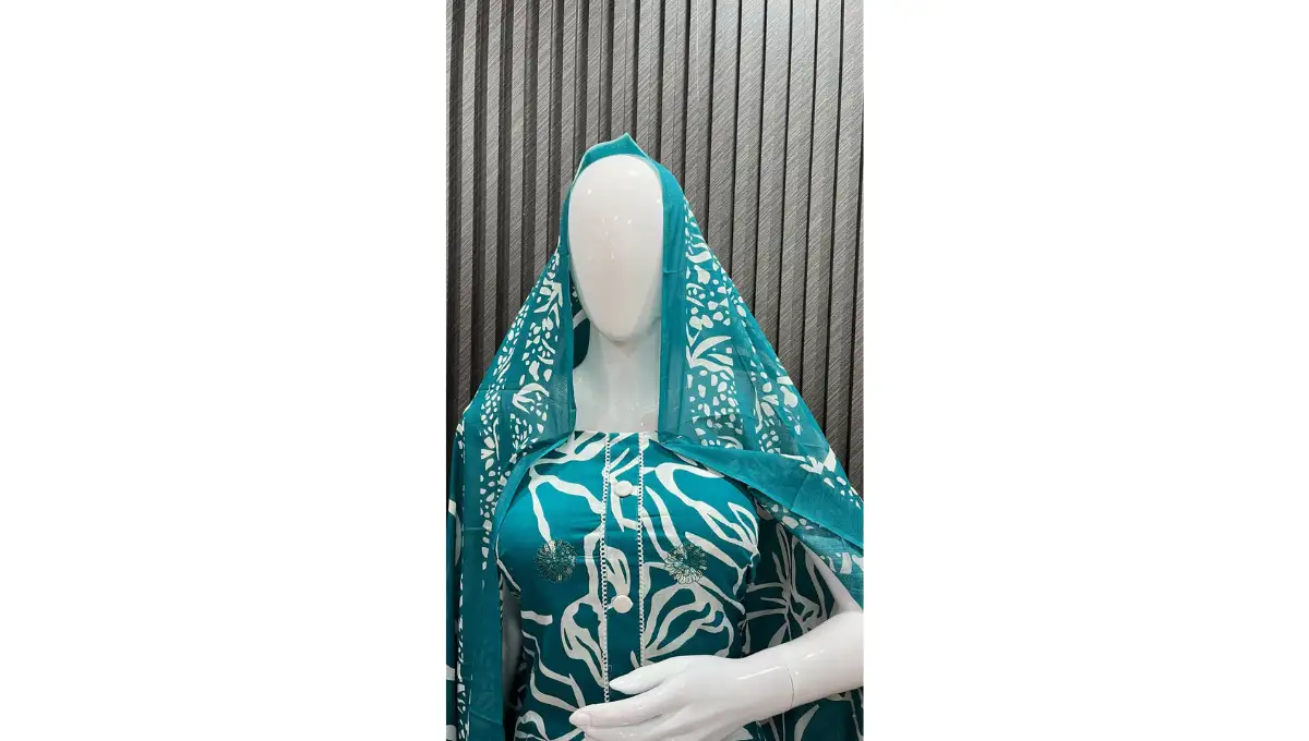 Teal Blue Pure Cambric Cotton Printed Suit